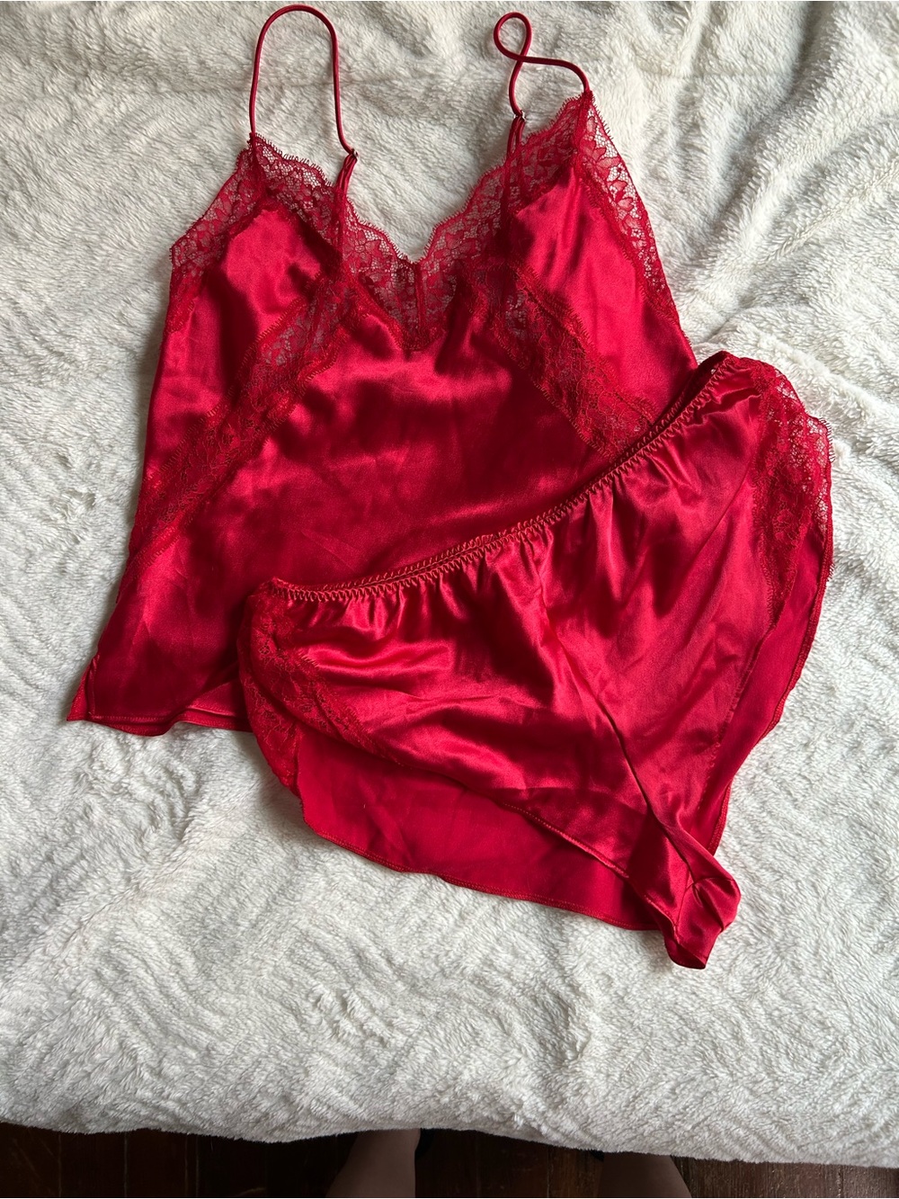 Victoria's Secret Red Satin Lace Cami & Brief Set